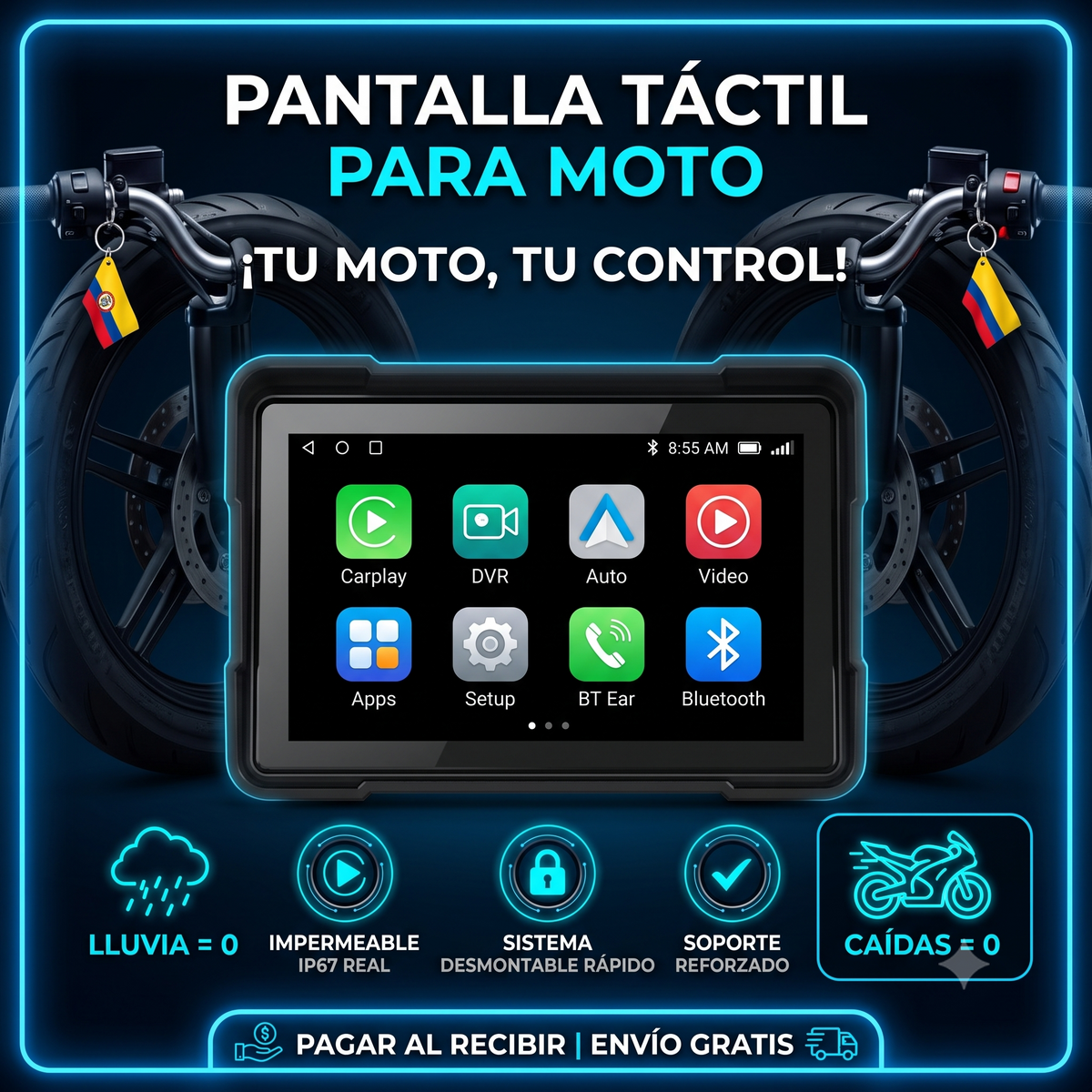 PANTALLA TÁCTIL INTELIGENTE PARA MOTO (CARPLAY & ANDROID AUTO) - IMPERMEABLE Y ANTIRROBO